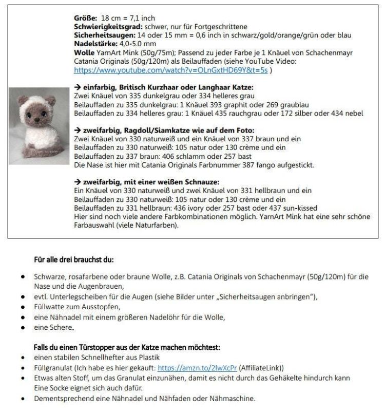 PDF Häkelanleitung für Katze Milka sitzend auch als Türstopper